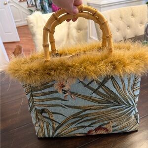 Vintage CBK Tapestry Ostrich Trim Handbag Blues Bamboo Handle